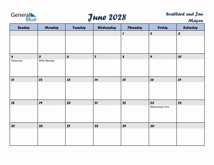 June 2028 Calendar with Holidays in Svalbard and Jan Mayen