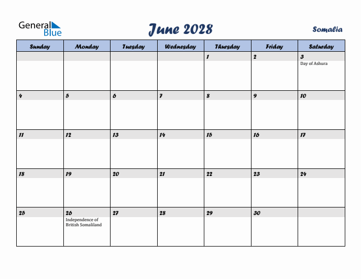 June 2028 Calendar with Holidays in Somalia