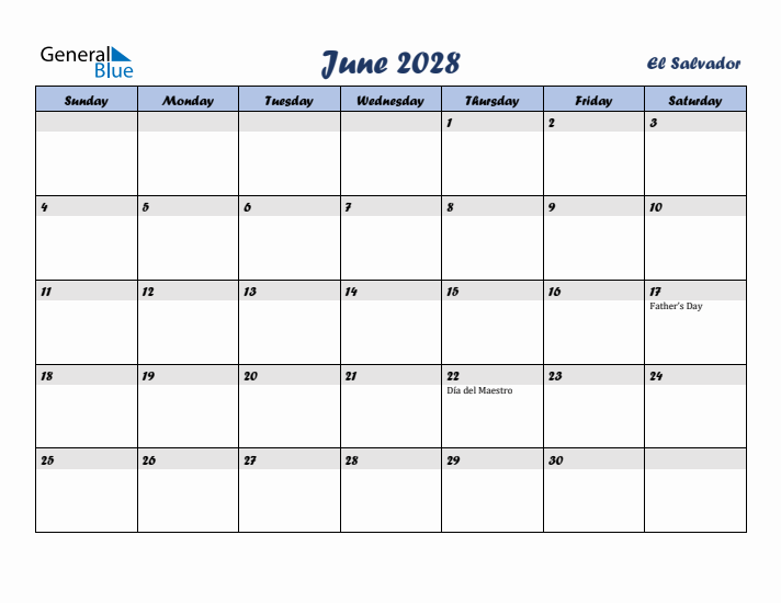 June 2028 Calendar with Holidays in El Salvador