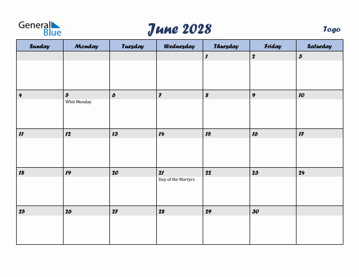 June 2028 Calendar with Holidays in Togo