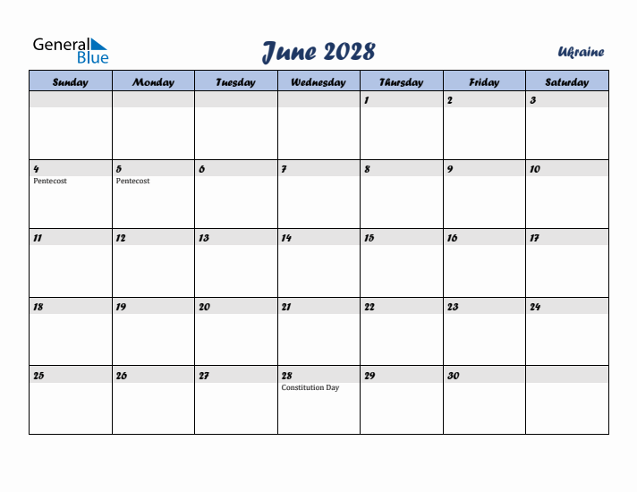 June 2028 Calendar with Holidays in Ukraine