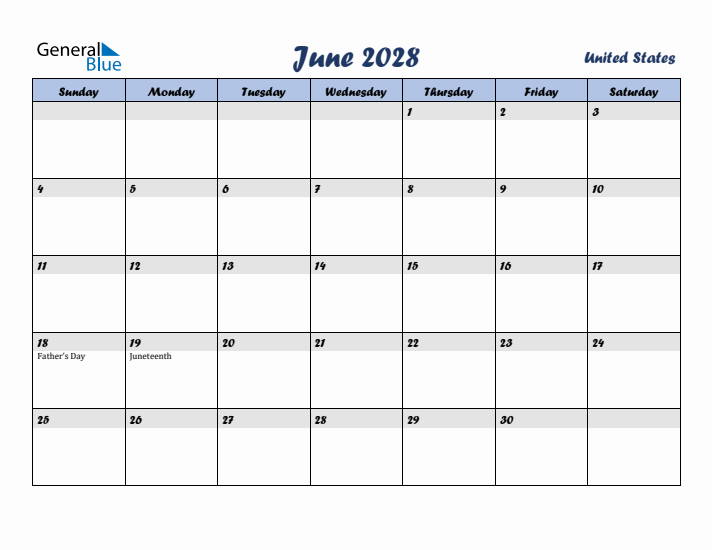 June 2028 Calendar with Holidays in United States