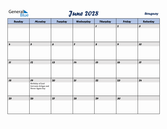 June 2028 Calendar with Holidays in Uruguay