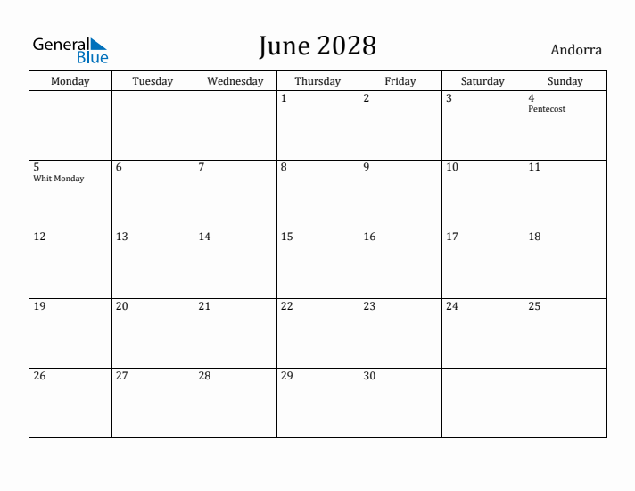 June 2028 Calendar Andorra