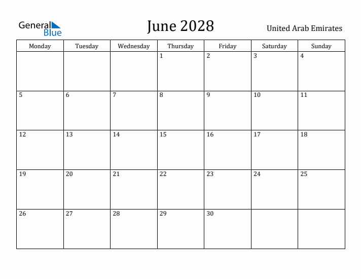 June 2028 Calendar United Arab Emirates