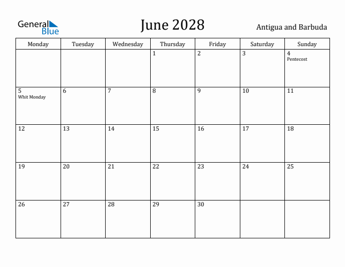 June 2028 Calendar Antigua and Barbuda