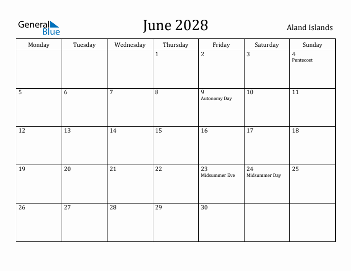 June 2028 Calendar Aland Islands