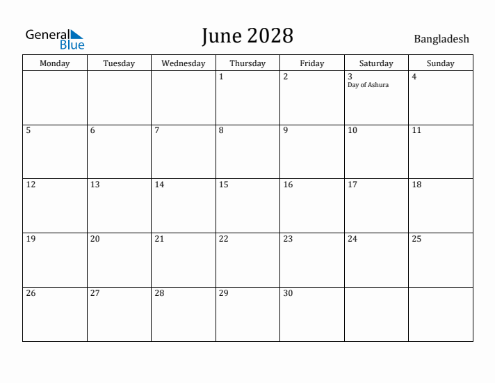 June 2028 Calendar Bangladesh