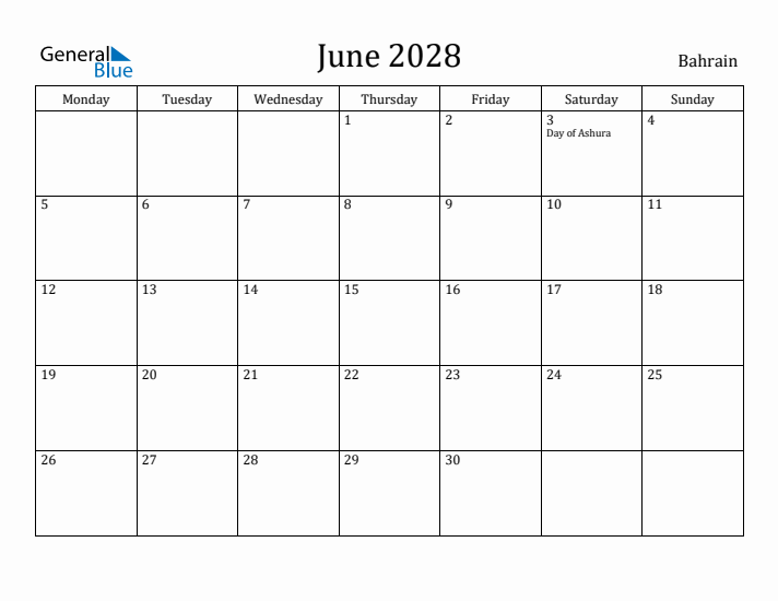 June 2028 Calendar Bahrain