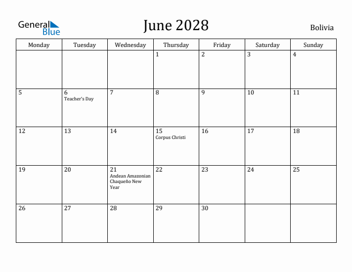 June 2028 Calendar Bolivia