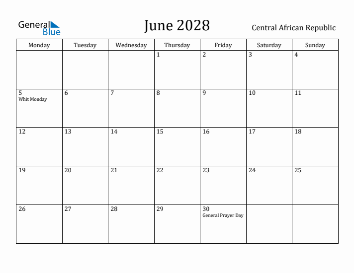 June 2028 Calendar Central African Republic