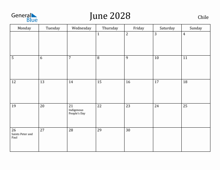 June 2028 Calendar Chile