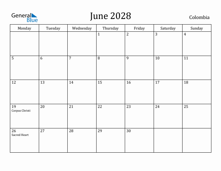 June 2028 Calendar Colombia