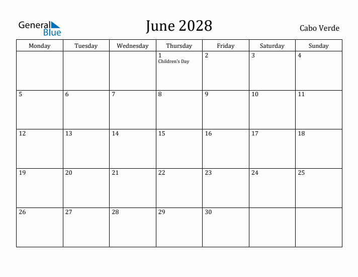 June 2028 Calendar Cabo Verde