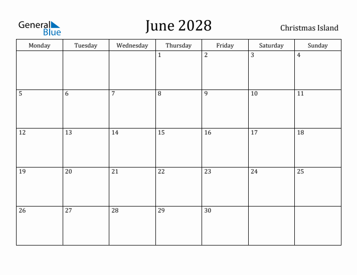 June 2028 Calendar Christmas Island