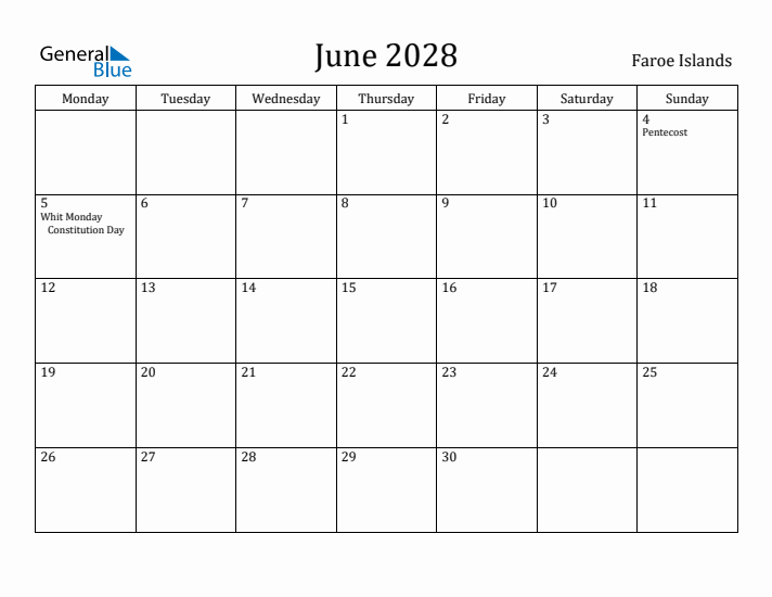 June 2028 Calendar Faroe Islands