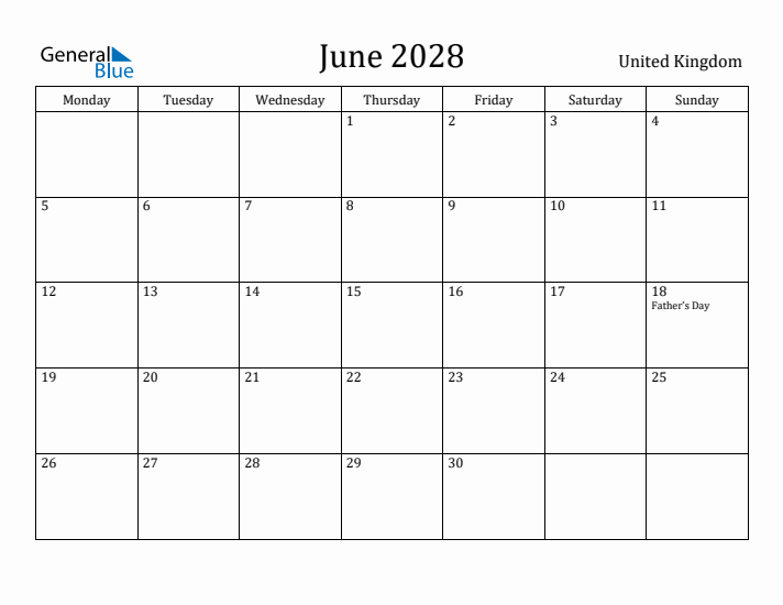 June 2028 Calendar United Kingdom