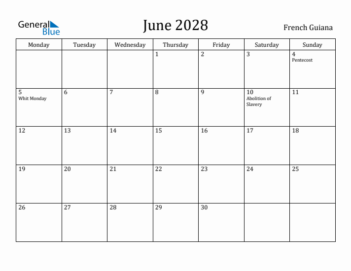 June 2028 Calendar French Guiana