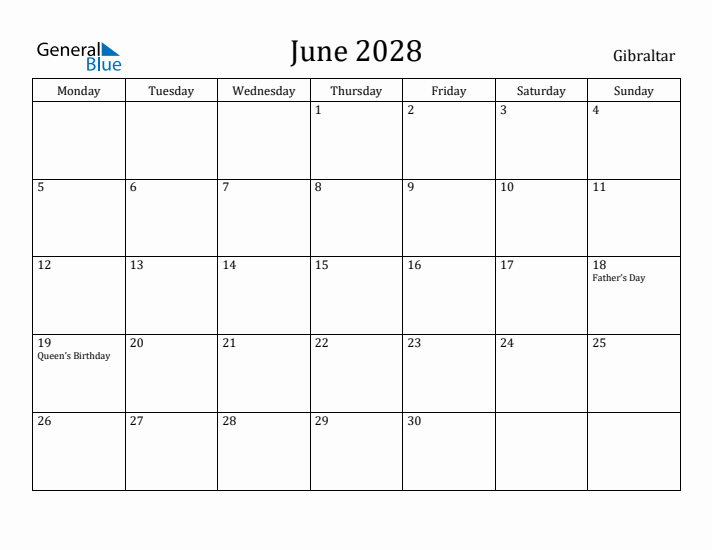 June 2028 Calendar Gibraltar