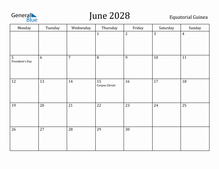 June 2028 Calendar Equatorial Guinea