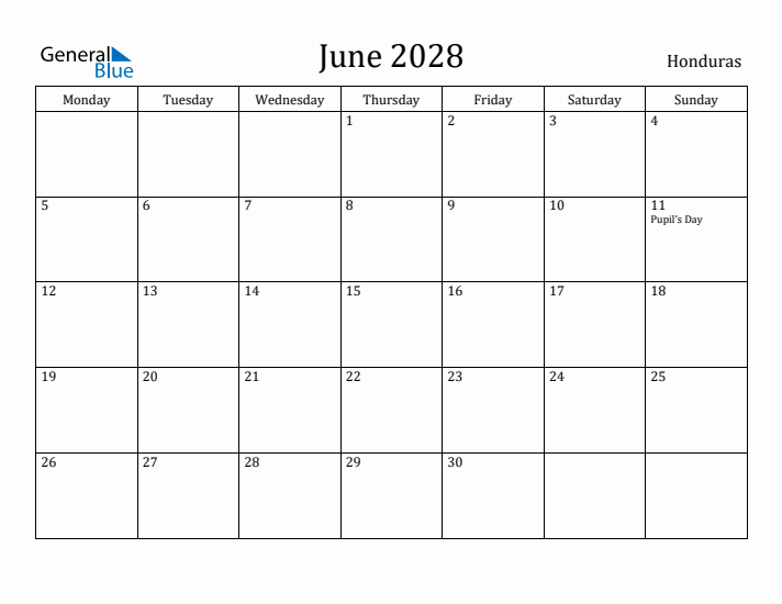 June 2028 Calendar Honduras