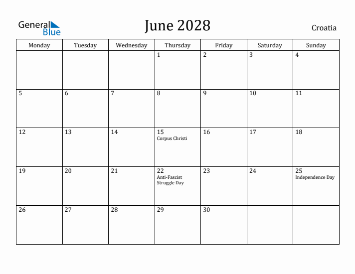 June 2028 Calendar Croatia