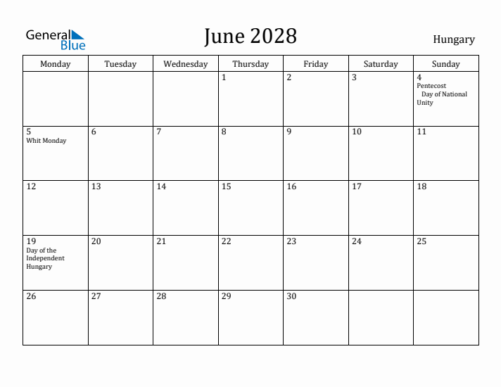 June 2028 Calendar Hungary