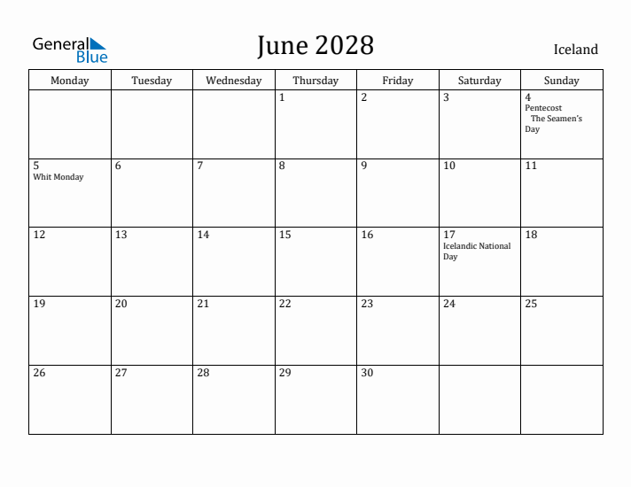June 2028 Calendar Iceland