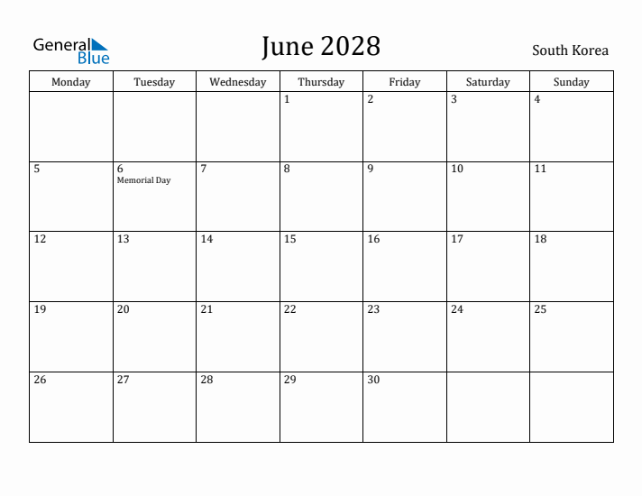 June 2028 Calendar South Korea