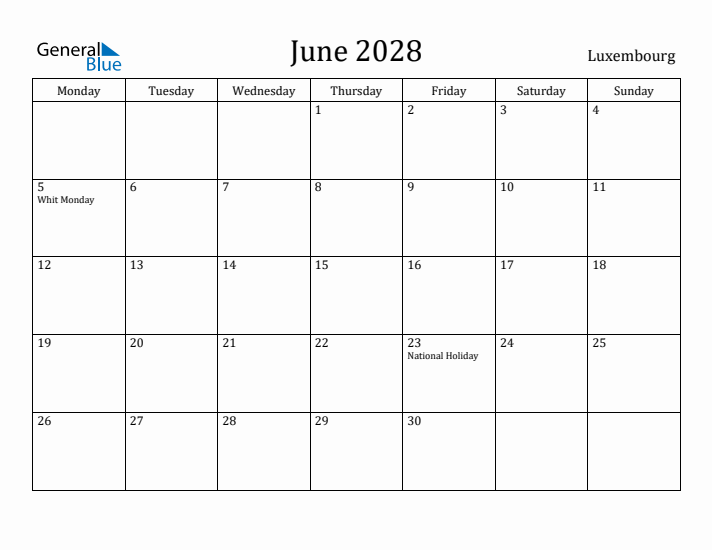 June 2028 Calendar Luxembourg