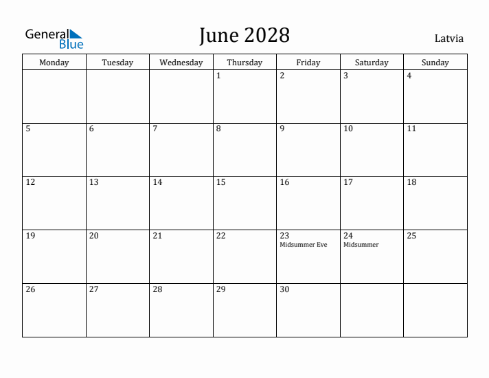 June 2028 Calendar Latvia