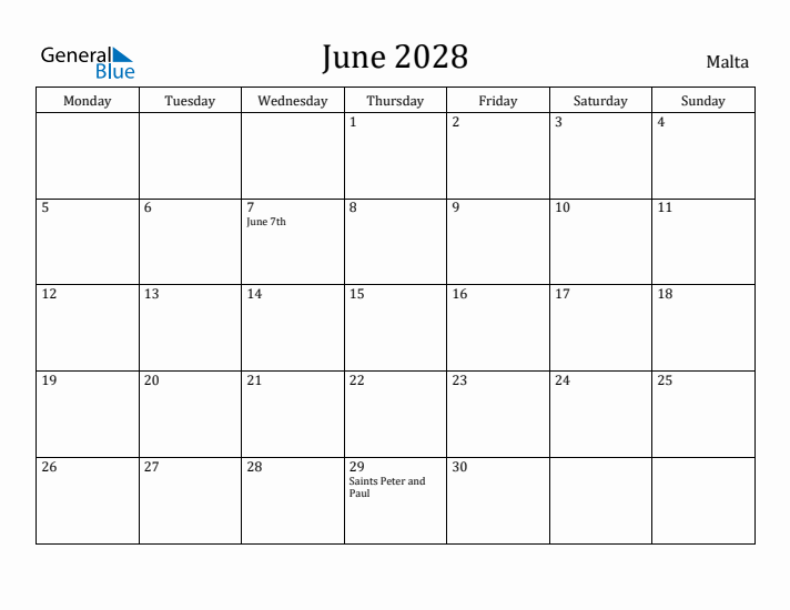 June 2028 Calendar Malta