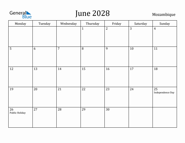 June 2028 Calendar Mozambique