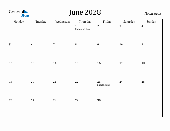 June 2028 Calendar Nicaragua
