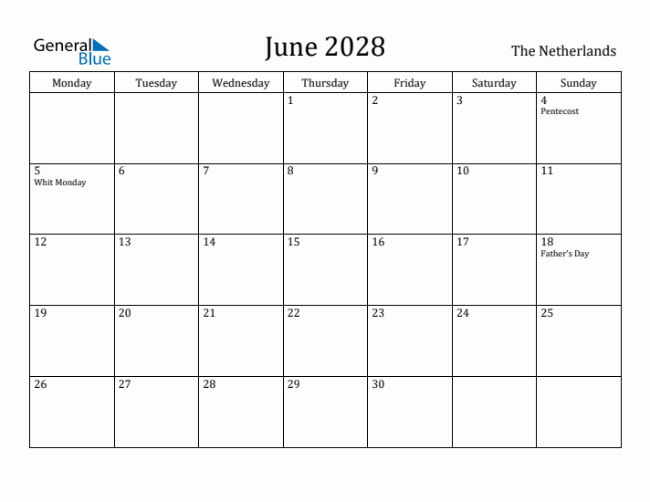 June 2028 Calendar The Netherlands