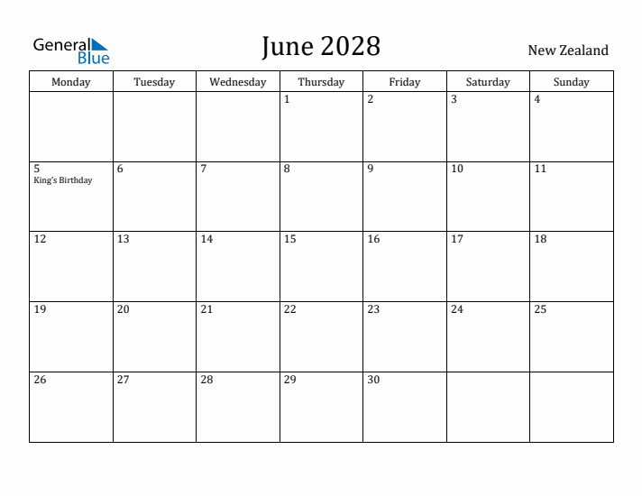 June 2028 Calendar New Zealand