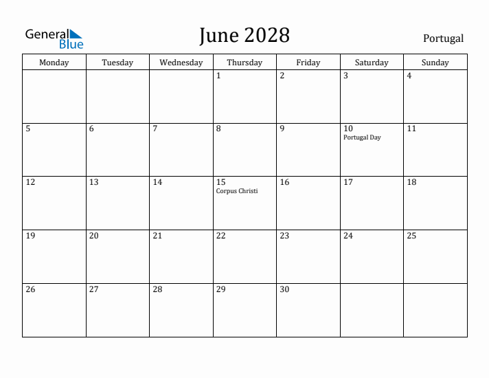 June 2028 Calendar Portugal