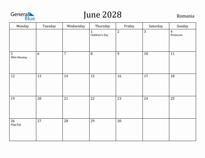 June 2028 Calendar Romania