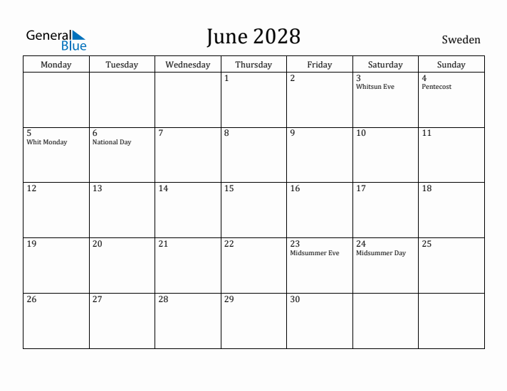 June 2028 Calendar Sweden