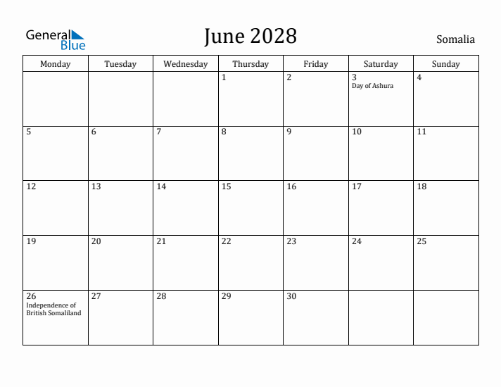 June 2028 Calendar Somalia