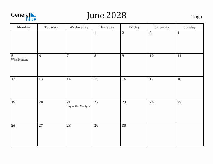 June 2028 Calendar Togo