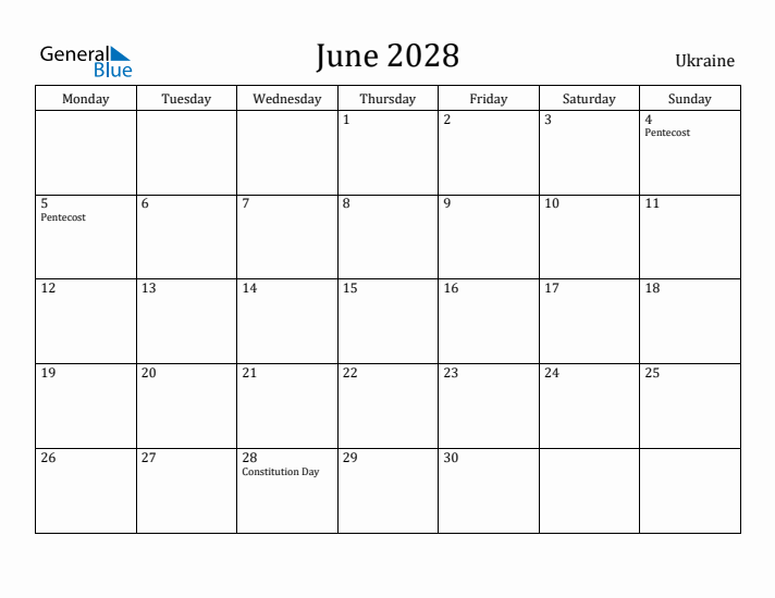June 2028 Calendar Ukraine