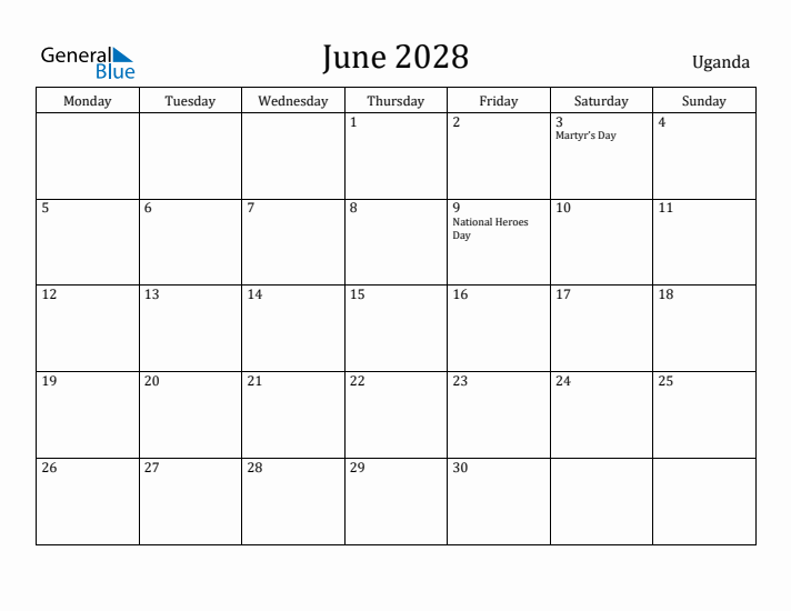 June 2028 Calendar Uganda
