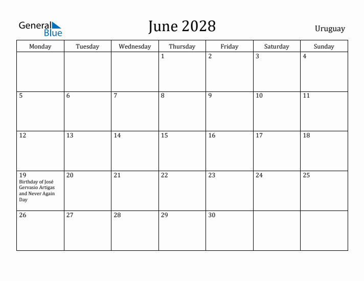 June 2028 Calendar Uruguay