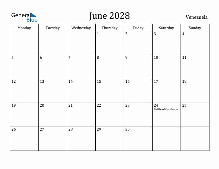 June 2028 Calendar Venezuela