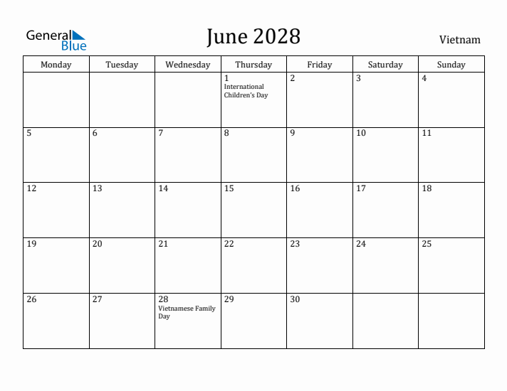 June 2028 Calendar Vietnam