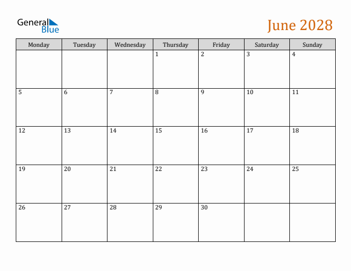 Editable June 2028 Calendar