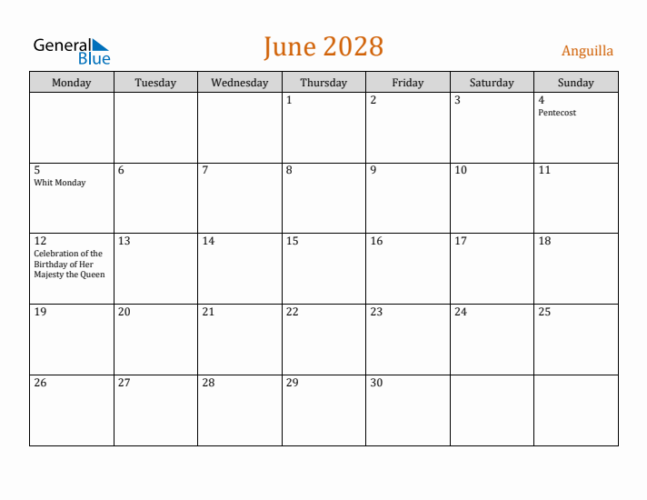 June 2028 Holiday Calendar with Monday Start