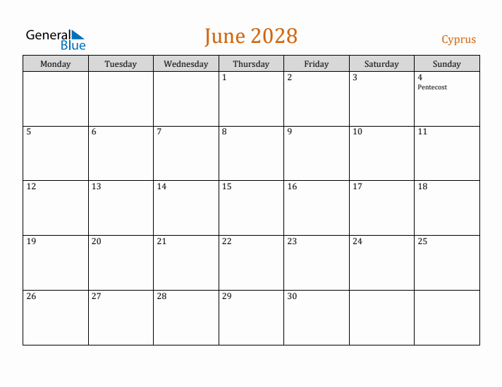 June 2028 Holiday Calendar with Monday Start