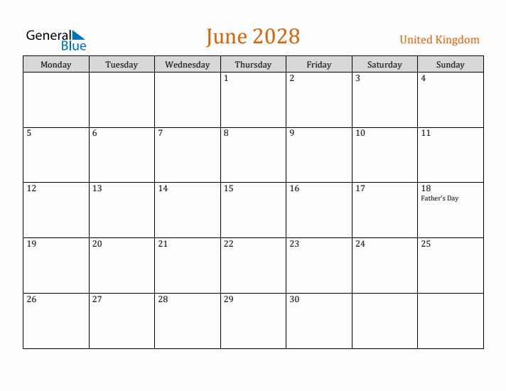 June 2028 Holiday Calendar with Monday Start